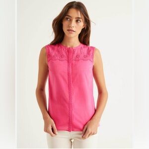 Boden Bright Pink Eyelet Blouse Lace Yolk Size 6‎